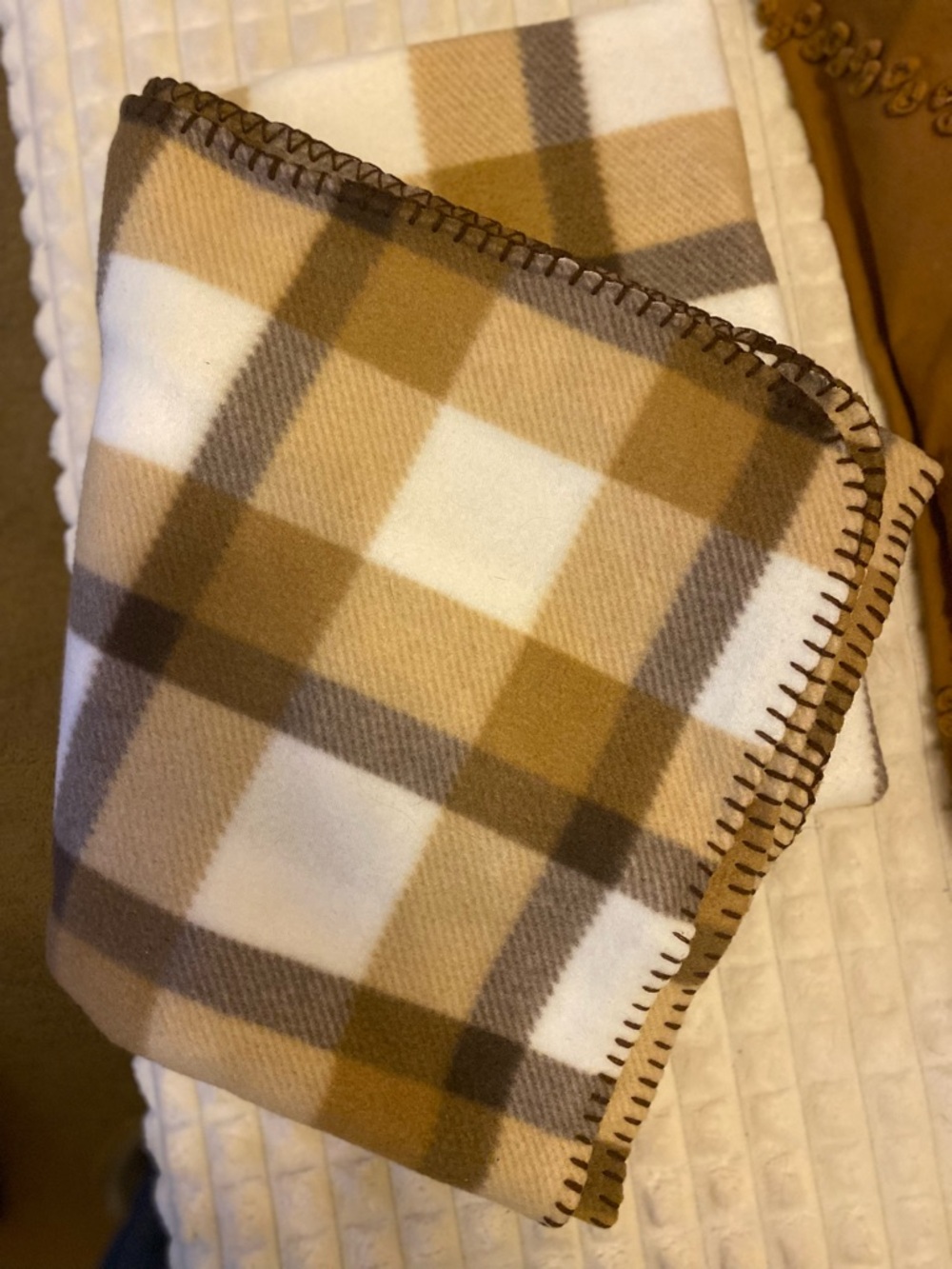 Cozy Plaid Fleece Throw Blanket in Brown and Cream